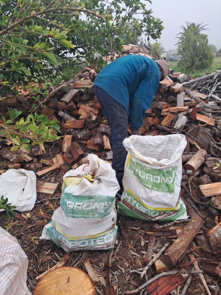 Packing braai wood into sacks for delivery in Wilderness, Garden Route